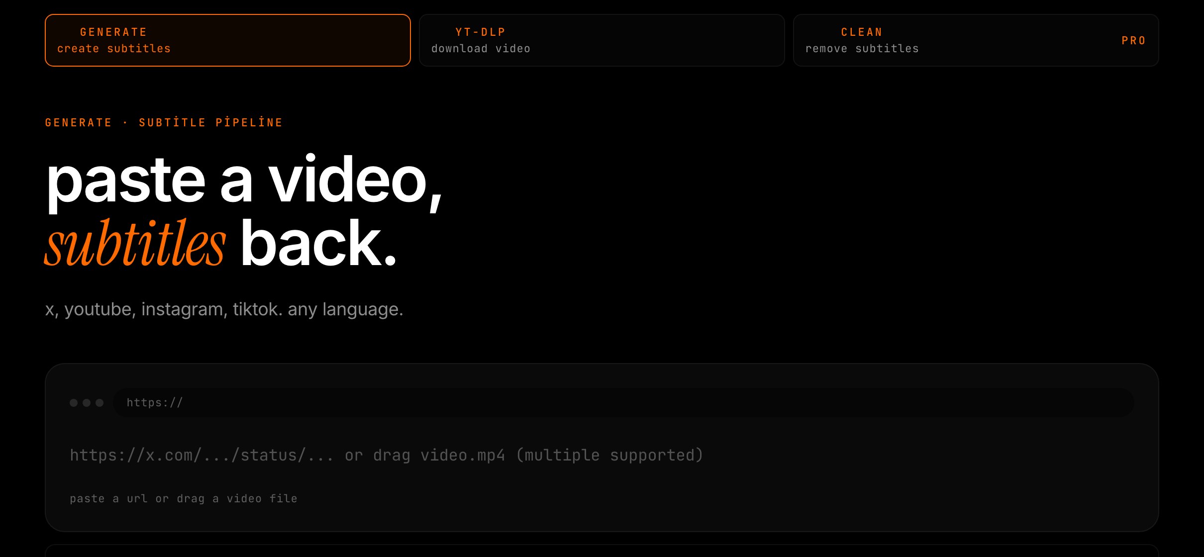 Lumisty yükleme ekranı: MP4 sürükle-bırak alanı ve X/TikTok/YouTube link kutusu / Lumisty upload screen: MP4 drag-and-drop area and X/TikTok/YouTube link box
